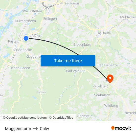 Muggensturm to Calw map