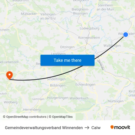Gemeindeverwaltungsverband Winnenden to Calw map