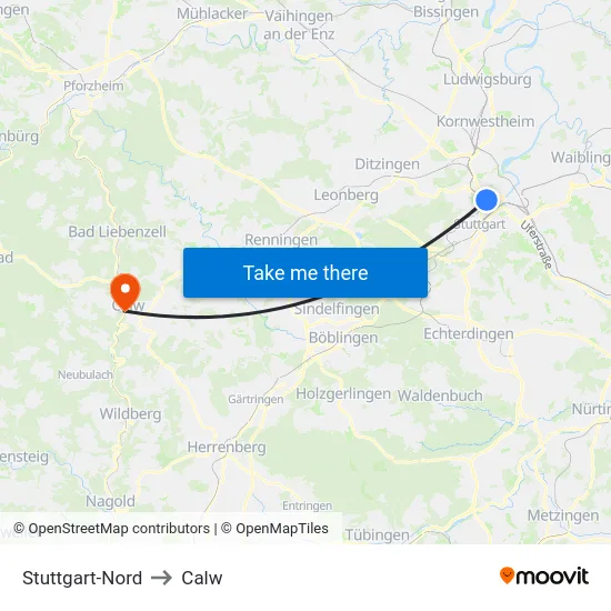 Stuttgart-Nord to Calw map