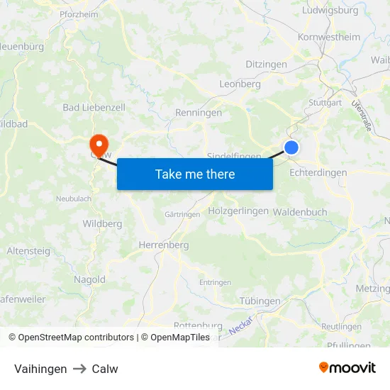 Vaihingen to Calw map