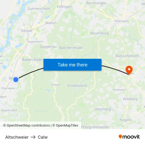 Altschweier to Calw map