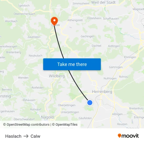 Haslach to Calw map