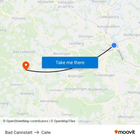 Bad Cannstatt to Calw map
