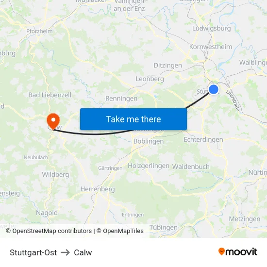 Stuttgart-Ost to Calw map