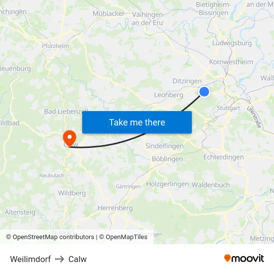 Weilimdorf to Calw map
