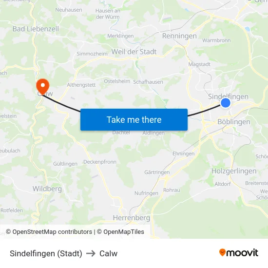 Sindelfingen (Stadt) to Calw map