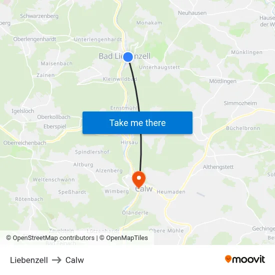 Liebenzell to Calw map