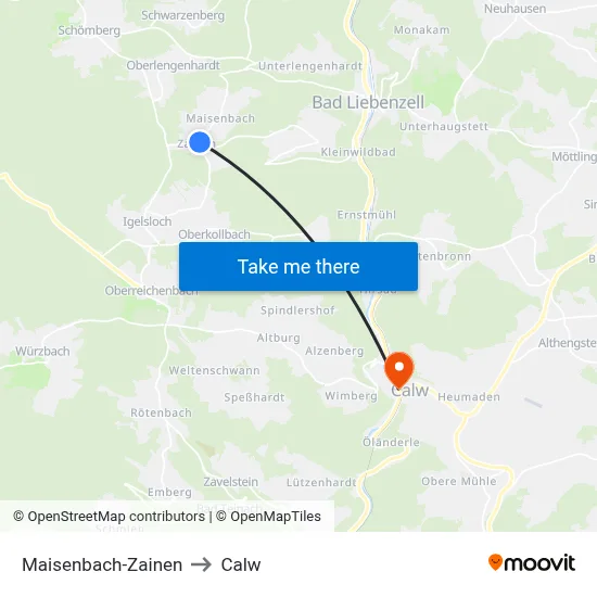 Maisenbach-Zainen to Calw map
