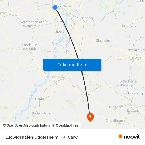 Ludwigshafen-Oggersheim to Calw map