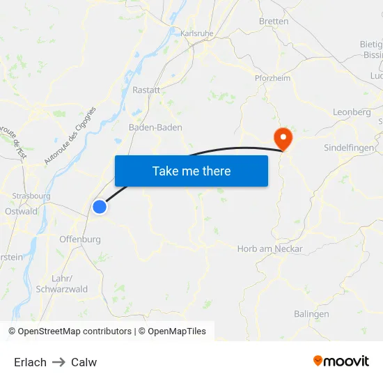 Erlach to Calw map