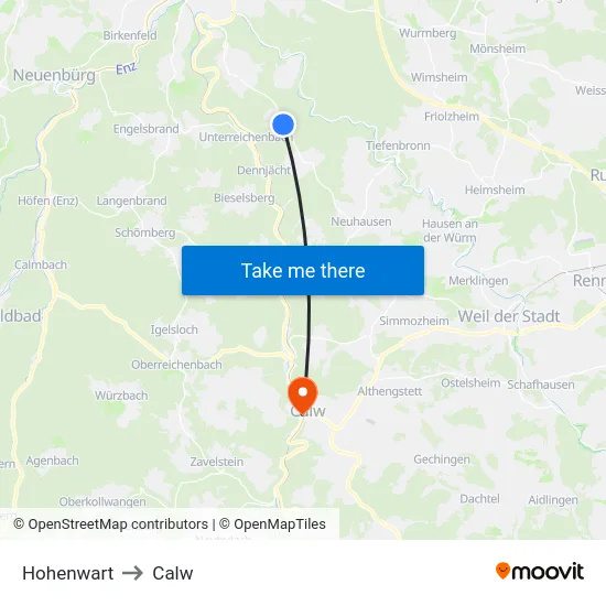 Hohenwart to Calw map