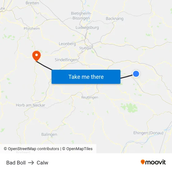 Bad Boll to Calw map