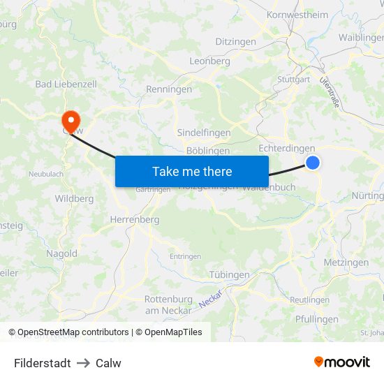 Filderstadt to Calw map