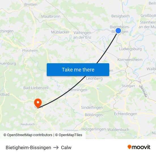 Bietigheim-Bissingen to Calw map