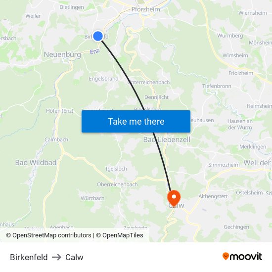 Birkenfeld to Calw map