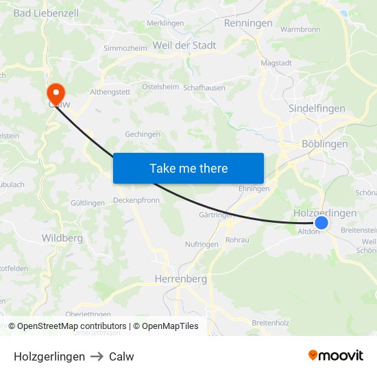 Holzgerlingen to Calw map