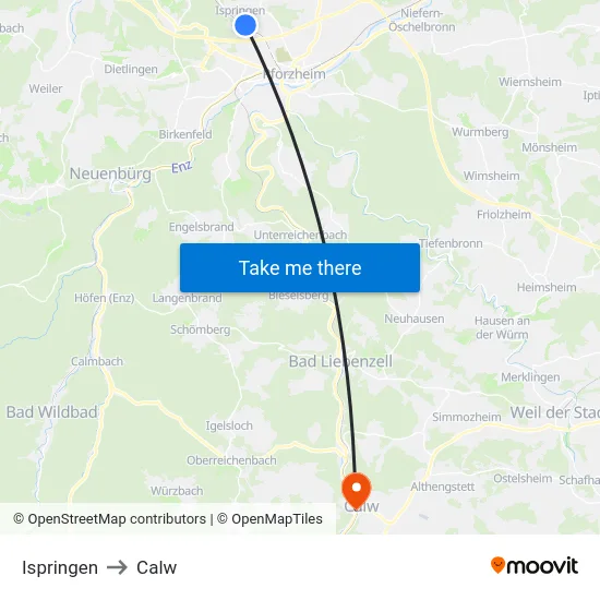 Ispringen to Calw map