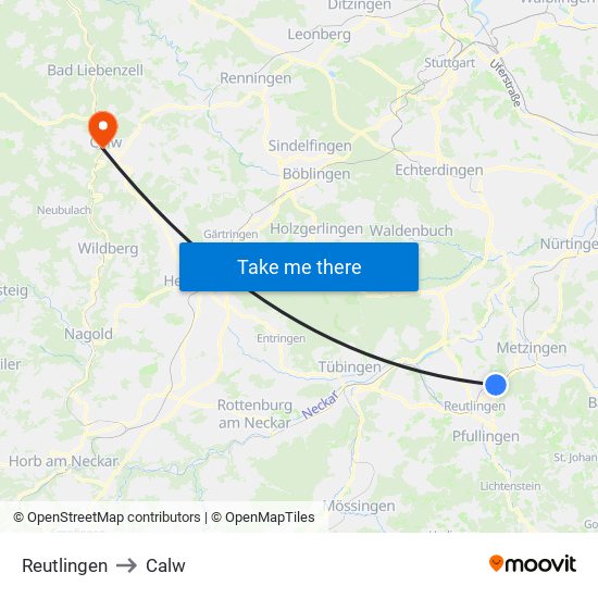 Reutlingen to Calw map