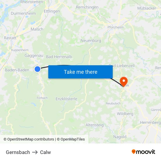Gernsbach to Calw map