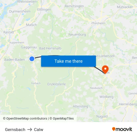 Gernsbach to Calw map