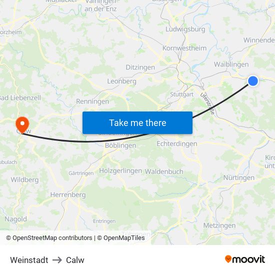 Weinstadt to Calw map