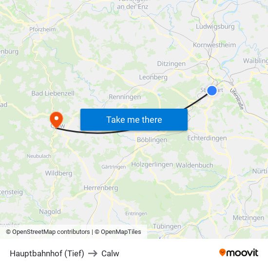 Hauptbahnhof (Tief) to Calw map