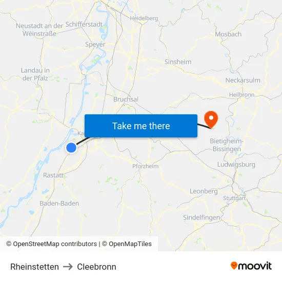Rheinstetten to Cleebronn map
