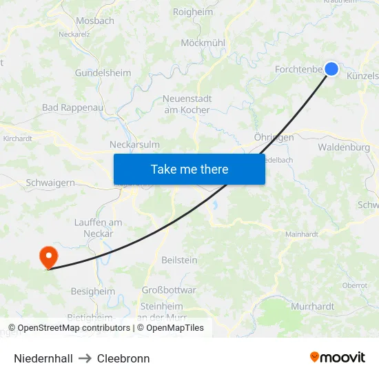 Niedernhall to Cleebronn map