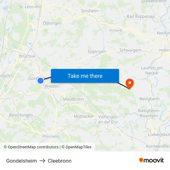 Gondelsheim to Cleebronn map