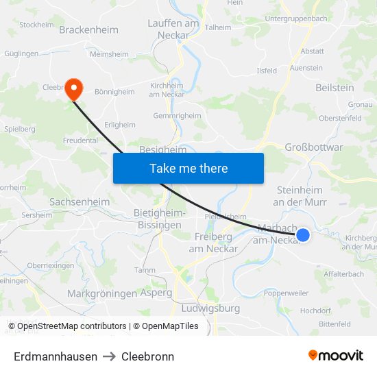 Erdmannhausen to Cleebronn map