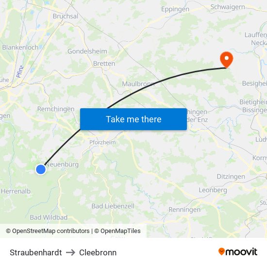 Straubenhardt to Cleebronn map