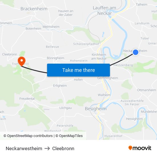 Neckarwestheim to Cleebronn map