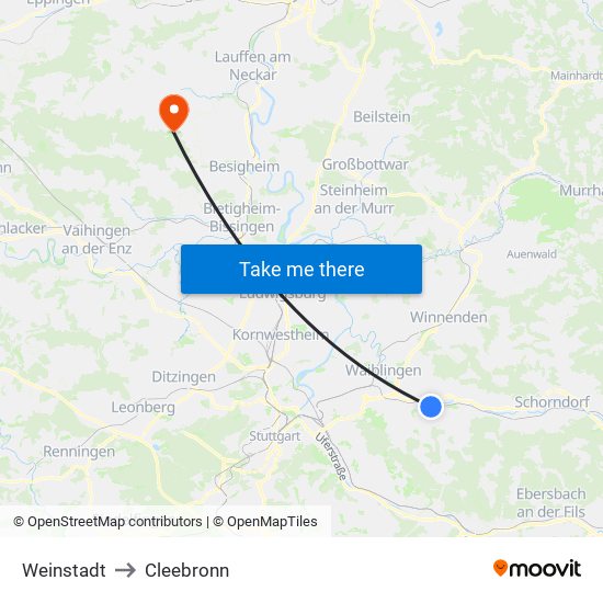 Weinstadt to Cleebronn map