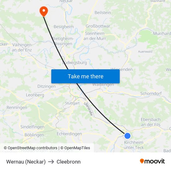 Wernau (Neckar) to Cleebronn map