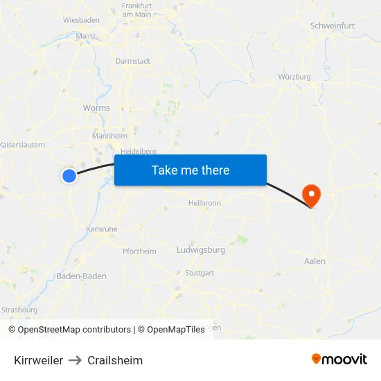 Kirrweiler to Crailsheim map