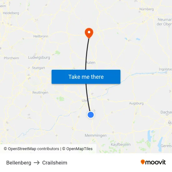 Bellenberg to Crailsheim map