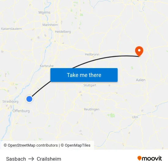 Sasbach to Crailsheim map