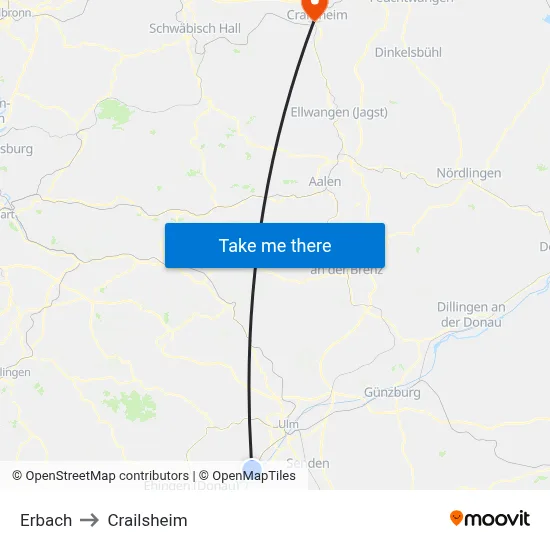 Erbach to Crailsheim map
