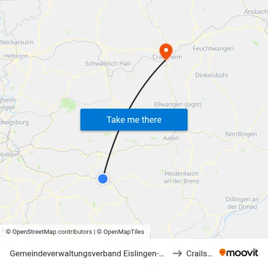 Gemeindeverwaltungsverband Eislingen-Ottenbach-Salach to Crailsheim map