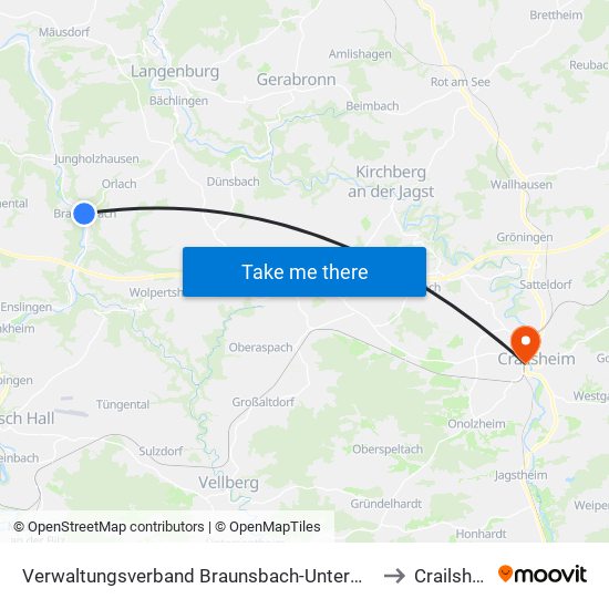 Verwaltungsverband Braunsbach-Untermünkheim to Crailsheim map