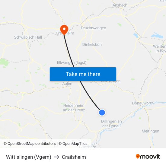 Wittislingen (Vgem) to Crailsheim map