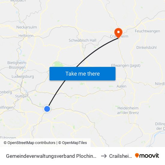 Gemeindeverwaltungsverband Plochingen to Crailsheim map