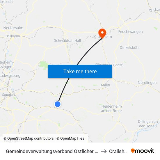Gemeindeverwaltungsverband Östlicher Schurwald to Crailsheim map