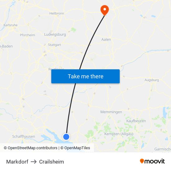 Markdorf to Crailsheim map