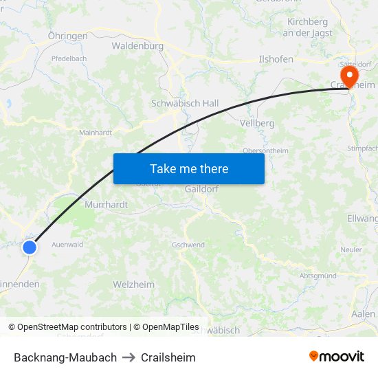 Backnang-Maubach to Crailsheim map