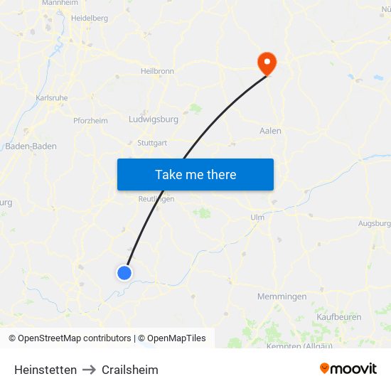 Heinstetten to Crailsheim map