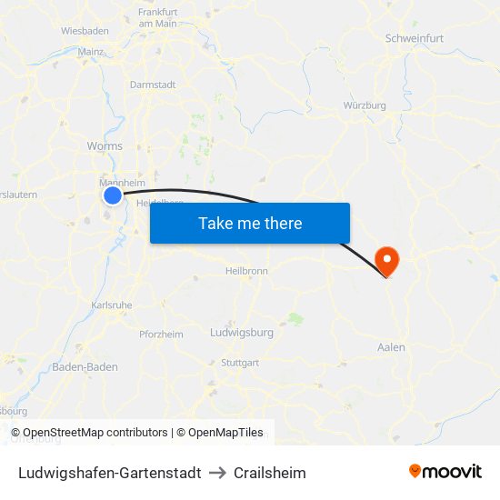 Ludwigshafen-Gartenstadt to Crailsheim map