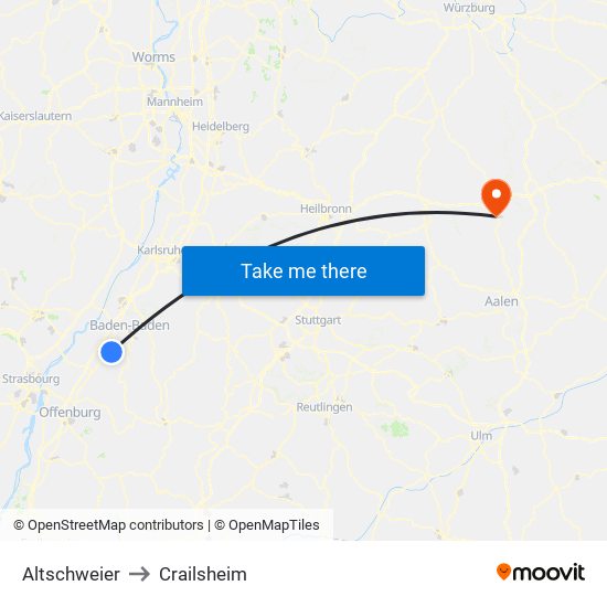 Altschweier to Crailsheim map