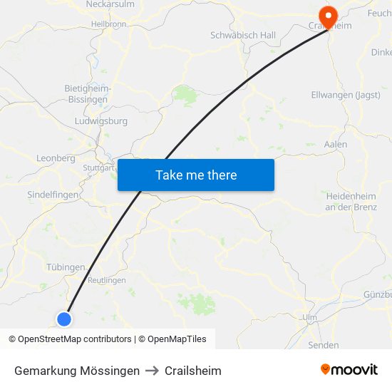 Gemarkung Mössingen to Crailsheim map