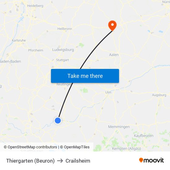 Thiergarten (Beuron) to Crailsheim map